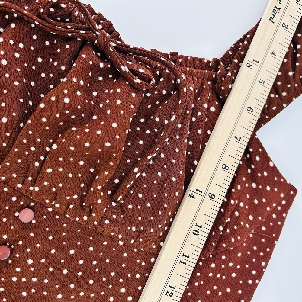 Coquette Milkmaid Crop Top M Brown Polka Dot‎ Corset Cottagecore Puff Sleeve - Picture 12 of 13